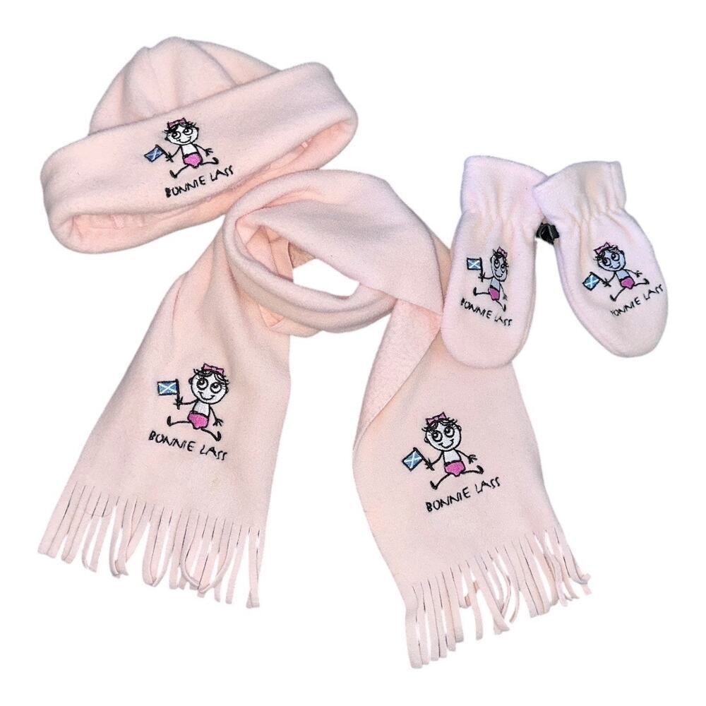 Bonnie Lass Scottish "Beautiful Girl" girls 0-6 Months Pink Hat Scarf & Mittens‍